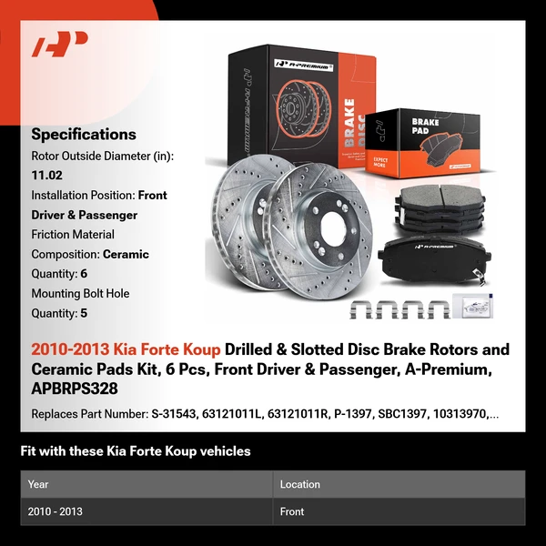 2010-2013 Kia Forte Koup Drilled & Slotted Disc Brake Rotors and Ceramic Pads Kit, 6 Pcs, Front Driver & Passenger, A-Premium, APBRPS328