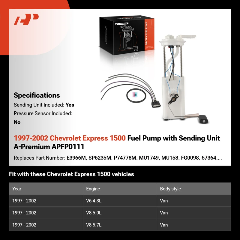 1997-2002 Chevrolet Express 1500 Fuel Pump with Sending Unit A-Premium APFP0111