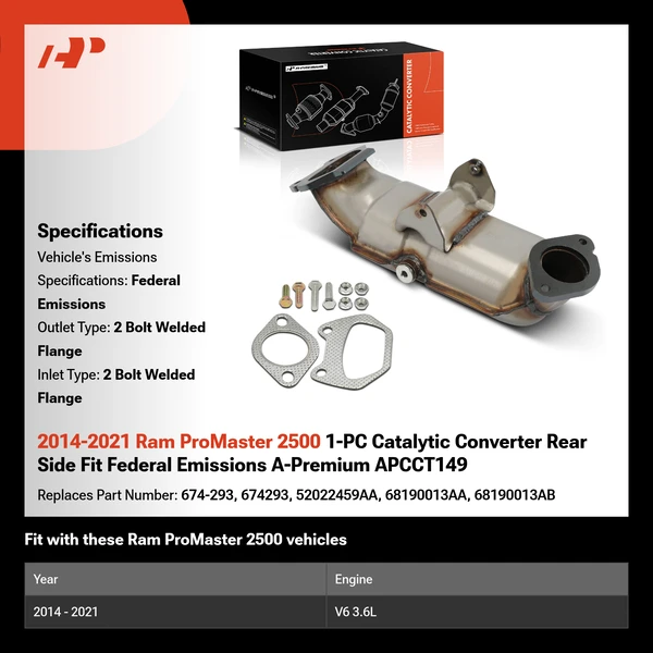 2014-2021 Ram ProMaster 2500 1-PC Catalytic Converter Rear Side Fit Federal Emissions A-Premium APCCT149