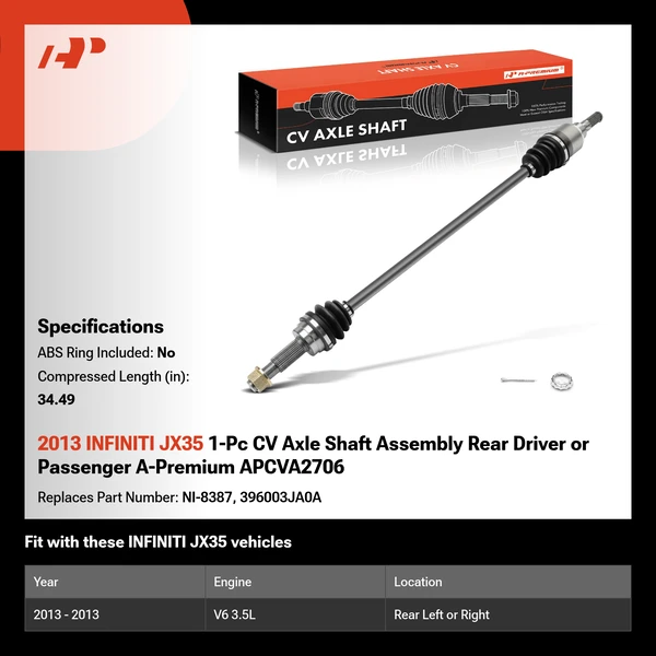 2013 INFINITI JX35 1-Pc CV Axle Shaft Assembly Rear Driver or Passenger A-Premium APCVA2706
