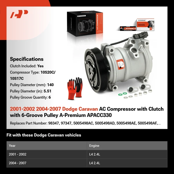2001-2002 2004-2007 Dodge Caravan AC Compressor with Clutch with 6-Groove Pulley A-Premium APACC330