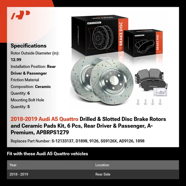 2018-2019 Audi A5 Quattro Drilled & Slotted Disc Brake Rotors and Ceramic Pads Kit, 6 Pcs, Rear Driver & Passenger, A-Premium, APBRPS1279
