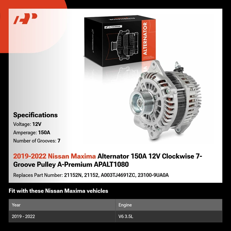 2019-2022 Nissan Maxima Alternator 150A 12V Clockwise 7-Groove Pulley A-Premium APALT1080