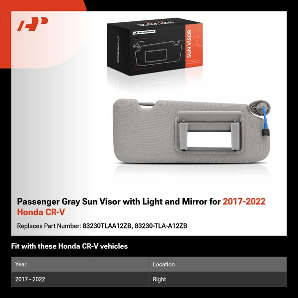 Passenger Gray Sun Visor with Light and Mirror for 2017-2022 Honda CR-V