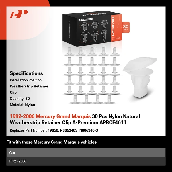 1992-2006 Mercury Grand Marquis 30 Pcs Nylon Natural Weatherstrip Retainer Clip A-Premium APRCF4611