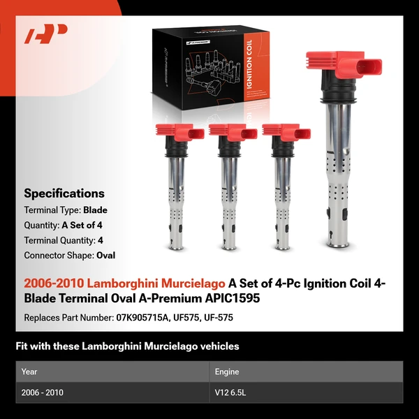 2006-2010 Lamborghini Murcielago A Set of 4-Pc Ignition Coil 4-Blade Terminal Oval A-Premium APIC1595