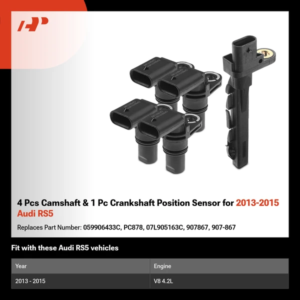 4 Pcs Camshaft & 1 Pc Crankshaft Position Sensor for 2013-2015 Audi RS5