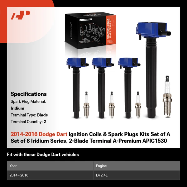 2014-2016 Dodge Dart Ignition Coils & Spark Plugs Kits Set of A Set of 8 Iridium Series, 2-Blade Terminal A-Premium APIC1530