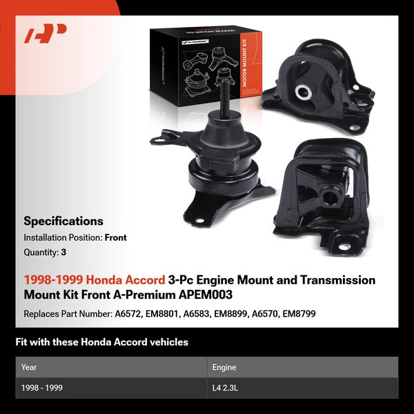 1998-1999 Honda Accord 3-Pc Engine Mount and Transmission Mount Kit Front A-Premium APEM003