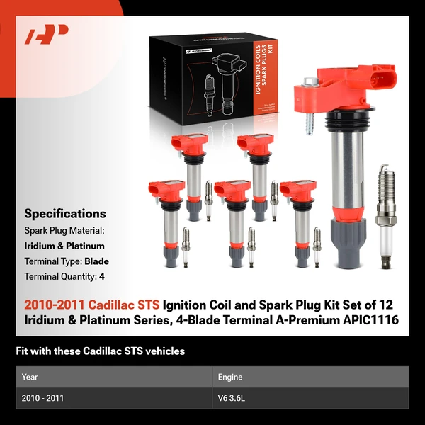 2010-2011 Cadillac STS Ignition Coil and Spark Plug Kit Set of 12 Iridium & Platinum Series, 4-Blade Terminal A-Premium APIC1116
