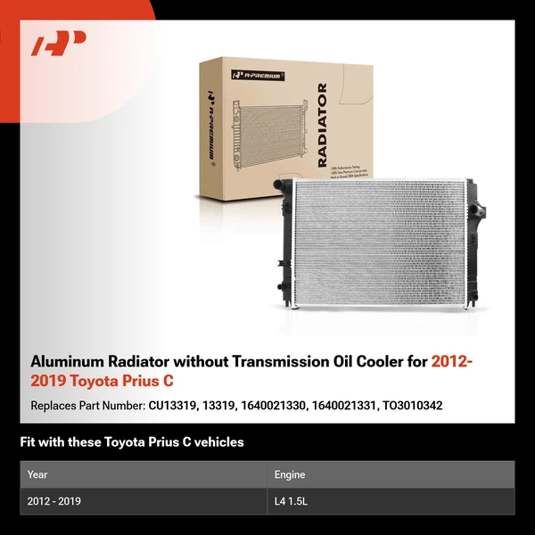 Aluminum Radiator without Transmission Oil Cooler for 2012-2019 Toyota Prius C