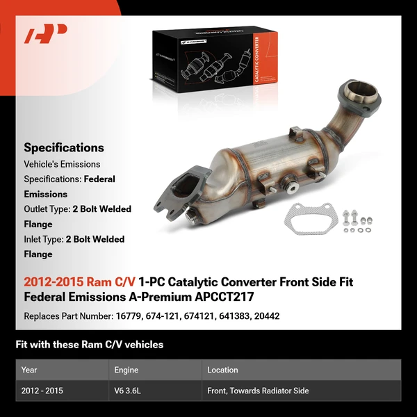 2012-2015 Ram C/V 1-PC Catalytic Converter Front Side Fit Federal Emissions A-Premium APCCT217