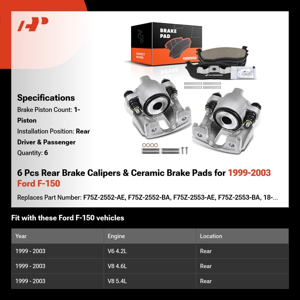 6 Pcs Rear Brake Calipers & Ceramic Brake Pads for 1999-2003 Ford F-150