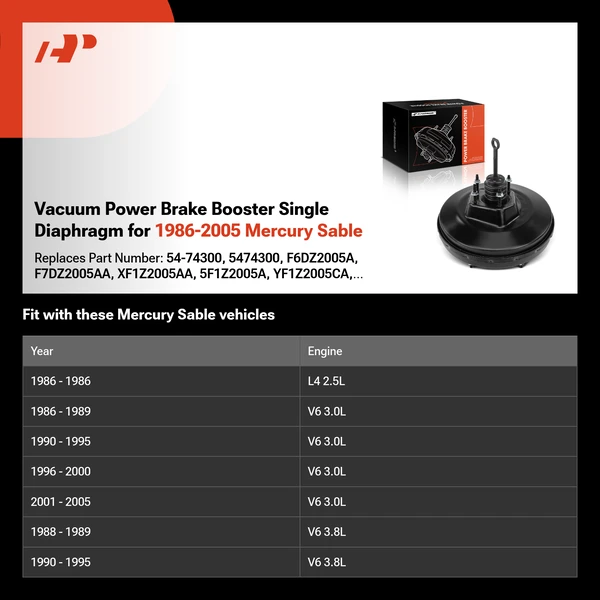 Vacuum Power Brake Booster Single Diaphragm for 1986-2005 Mercury Sable