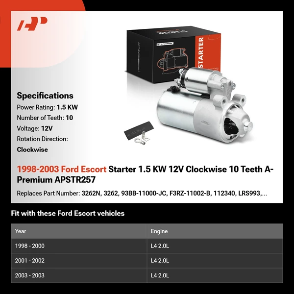 1998-2003 Ford Escort Starter 1.5 KW 12V Clockwise 10 Teeth A-Premium APSTR257