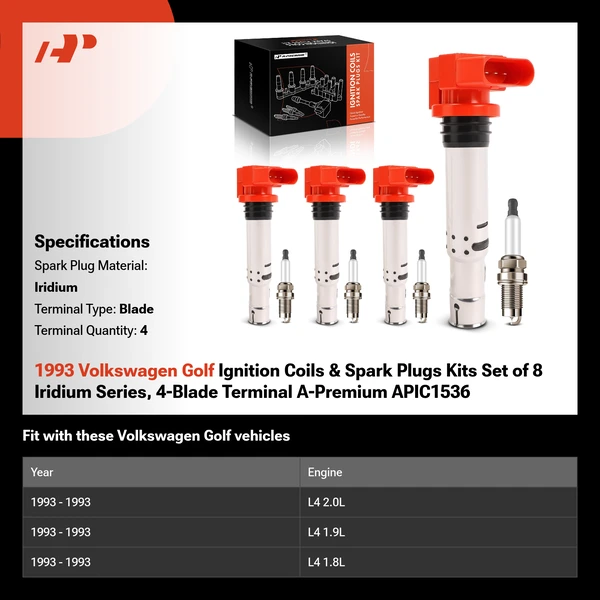 1993 Volkswagen Golf Ignition Coils & Spark Plugs Kits Set of 8 Iridium Series, 4-Blade Terminal A-Premium APIC1536