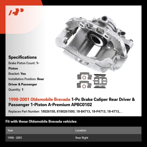 1998-2001 Oldsmobile Bravada 1-Pc Brake Caliper Rear Driver & Passenger 1-Piston A-Premium APBC0102