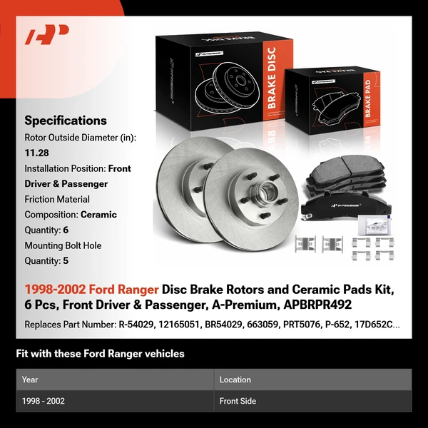 1998-2002 Ford Ranger Disc Brake Rotors and Ceramic Pads Kit, 6 Pcs, Front Driver & Passenger, A-Premium, APBRPR492