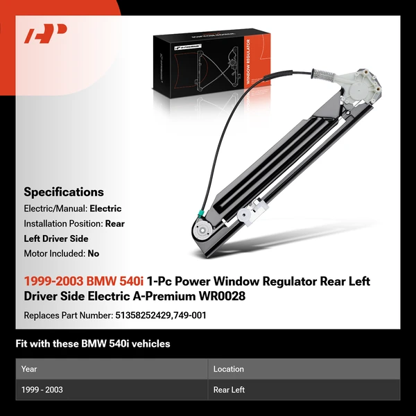 1999-2003 BMW 540i 1-Pc Power Window Regulator Rear Left Driver Side Electric A-Premium WR0028