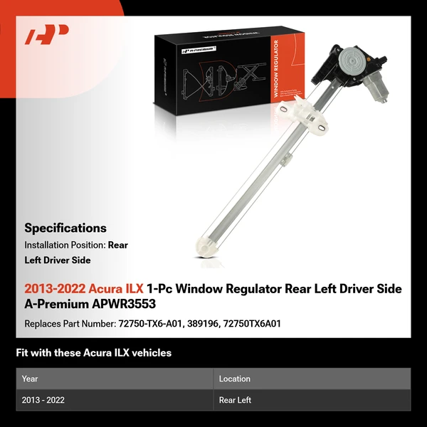 2013-2022 Acura ILX 1-Pc Window Regulator Rear Left Driver Side A-Premium APWR3553