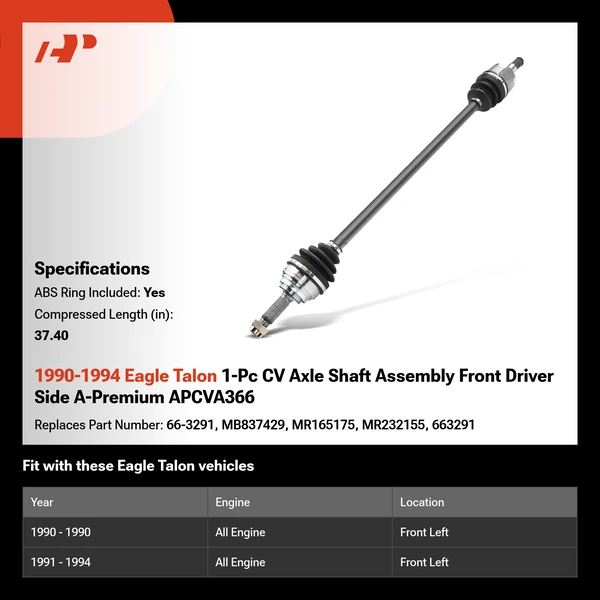 1990-1994 Eagle Talon 1-Pc CV Axle Shaft Assembly Front Driver Side A-Premium APCVA366