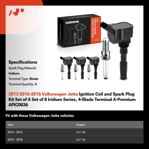 2013 2016-2018 Volkswagen Jetta Ignition Coil and Spark Plug Kit Set of A Set of 8 Iridium Series, 4-Blade Terminal A-Premium APIC0836