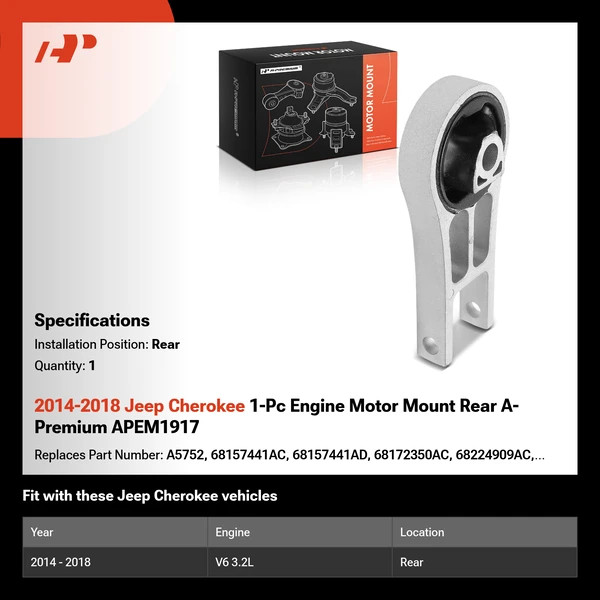 2014-2018 Jeep Cherokee 1-Pc Engine Motor Mount Rear A-Premium APEM1917