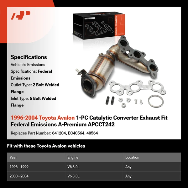 1996-2004 Toyota Avalon 1-PC Catalytic Converter Exhaust Fit Federal Emissions A-Premium APCCT242