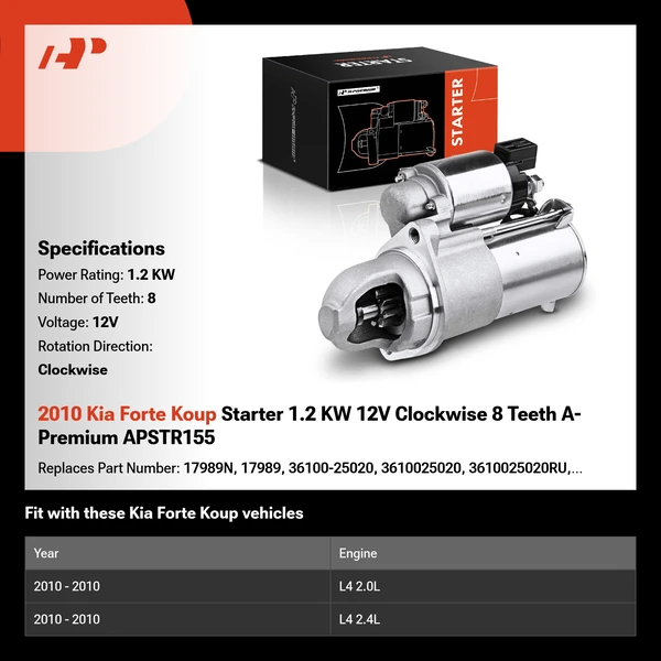 2010 Kia Forte Koup Starter 1.2 KW 12V Clockwise 8 Teeth A-Premium APSTR155