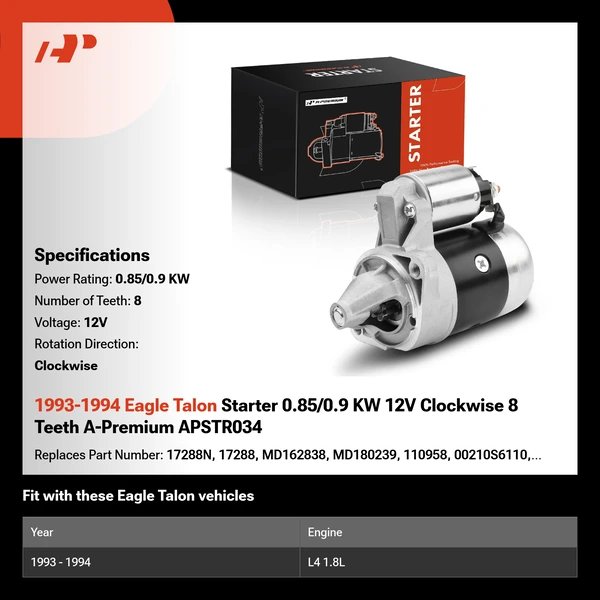 1993-1994 Eagle Talon Starter 0.85/0.9 KW 12V Clockwise 8 Teeth A-Premium APSTR034