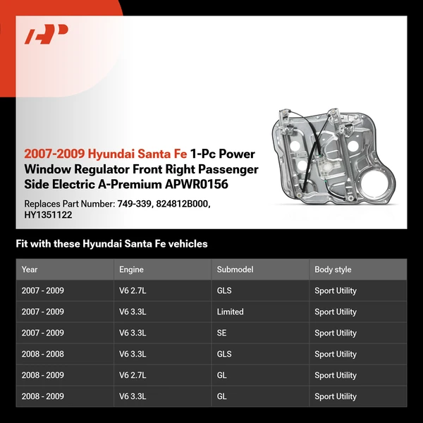 2007-2009 Hyundai Santa Fe 1-Pc Power Window Regulator Front Right Passenger Side Electric A-Premium APWR0156
