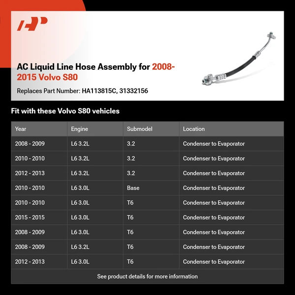 AC Liquid Line Hose Assembly for 2008-2015 Volvo S80
