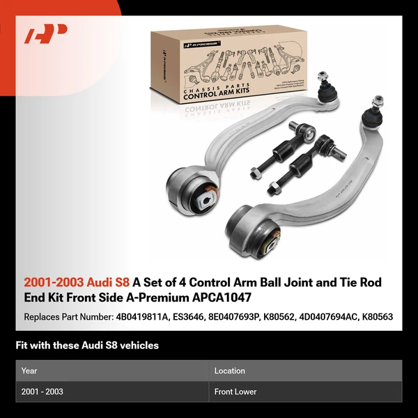 2001-2003 Audi S8 A Set of 4 Control Arm Ball Joint and Tie Rod End Kit Front Side A-Premium APCA1047