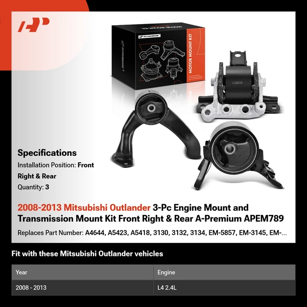 2008-2013 Mitsubishi Outlander 3-Pc Engine Mount and Transmission Mount Kit Front Right & Rear A-Premium APEM789