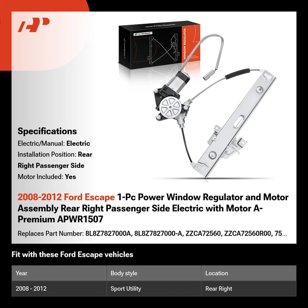2008-2012 Ford Escape 1-Pc Power Window Regulator and Motor Assembly Rear Right Passenger Side Electric with Motor A-Premium APWR1507