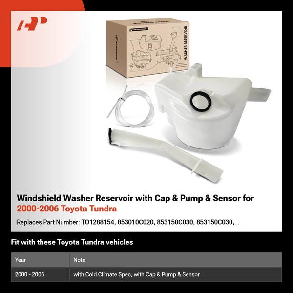 Windshield Washer Reservoir with Cap & Pump & Sensor for 2000-2006 Toyota Tundra