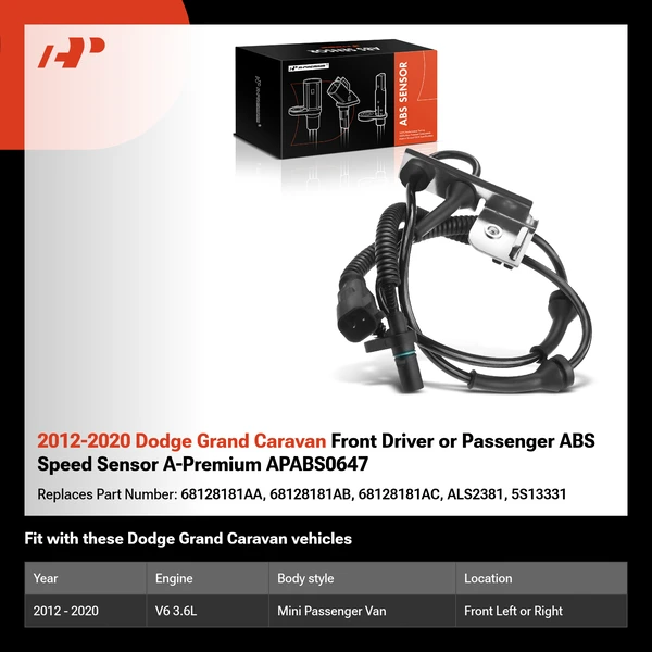 2012-2020 Dodge Grand Caravan Front Driver or Passenger ABS Speed Sensor A-Premium APABS0647