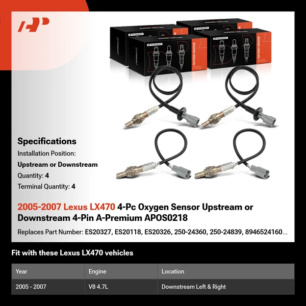 2005-2007 Lexus LX470 4-Pc Oxygen Sensor Upstream or Downstream 4-Pin A-Premium APOS0218