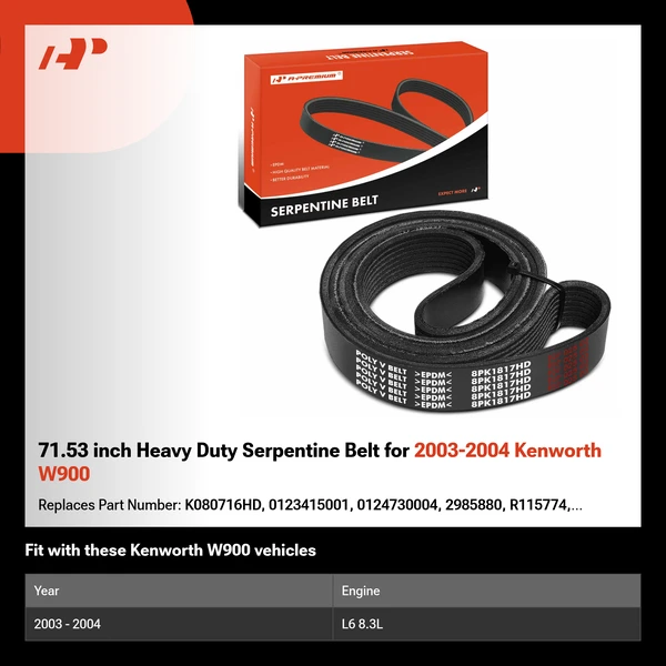 71.53 inch Heavy Duty Serpentine Belt for 2003-2004 Kenworth W900