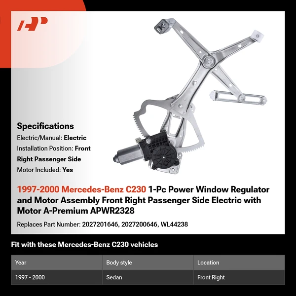 1997-2000 Mercedes-Benz C230 1-Pc Power Window Regulator and Motor Assembly Front Right Passenger Side Electric with Motor A-Premium APWR2328