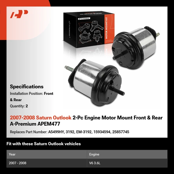 2007-2008 Saturn Outlook 2-Pc Engine Motor Mount Front & Rear A-Premium APEM477