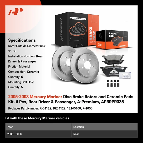 2005-2008 Mercury Mariner Disc Brake Rotors and Ceramic Pads Kit, 6 Pcs, Rear Driver & Passenger, A-Premium, APBRPR335