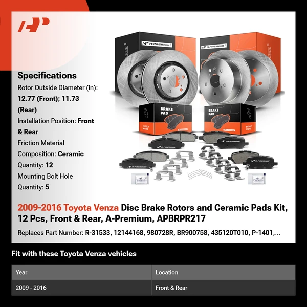 2009-2016 Toyota Venza Disc Brake Rotors and Ceramic Pads Kit, 12 Pcs, Front & Rear, A-Premium, APBRPR217