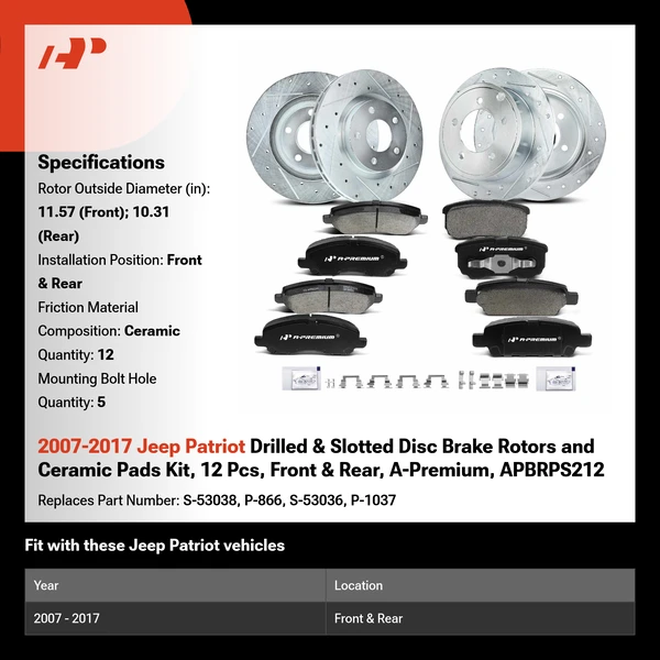 2007-2017 Jeep Patriot Drilled & Slotted Disc Brake Rotors and Ceramic Pads Kit, 12 Pcs, Front & Rear, A-Premium, APBRPS212