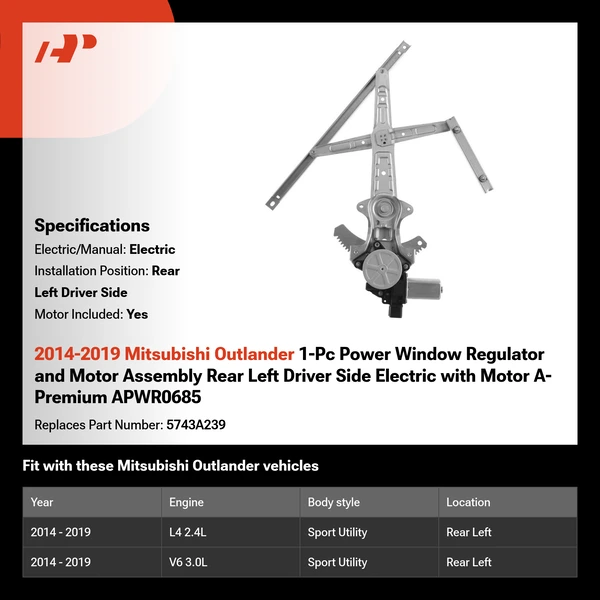 2014-2019 Mitsubishi Outlander 1-Pc Power Window Regulator and Motor Assembly Rear Left Driver Side Electric with Motor A-Premium APWR0685