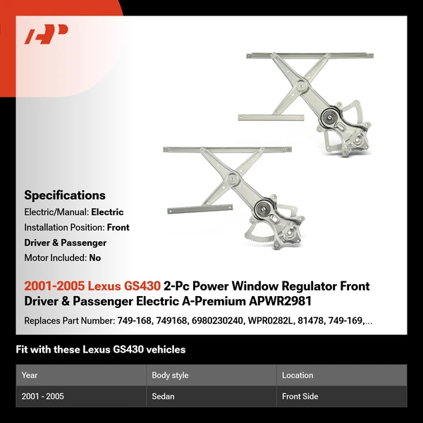2001-2005 Lexus GS430 2-Pc Power Window Regulator Front Driver & Passenger Electric A-Premium APWR2981