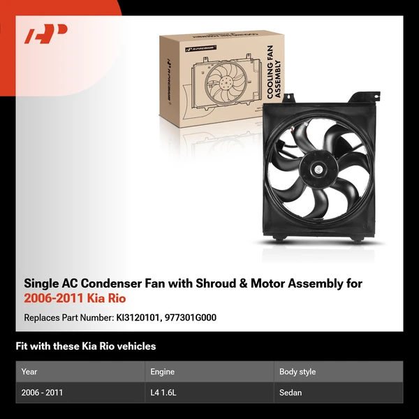 Single AC Condenser Fan with Shroud & Motor Assembly for 2006-2011 Kia Rio