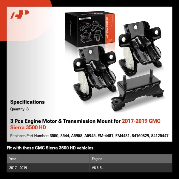 3 Pcs Engine Motor & Transmission Mount for 2017-2019 GMC Sierra 3500 HD