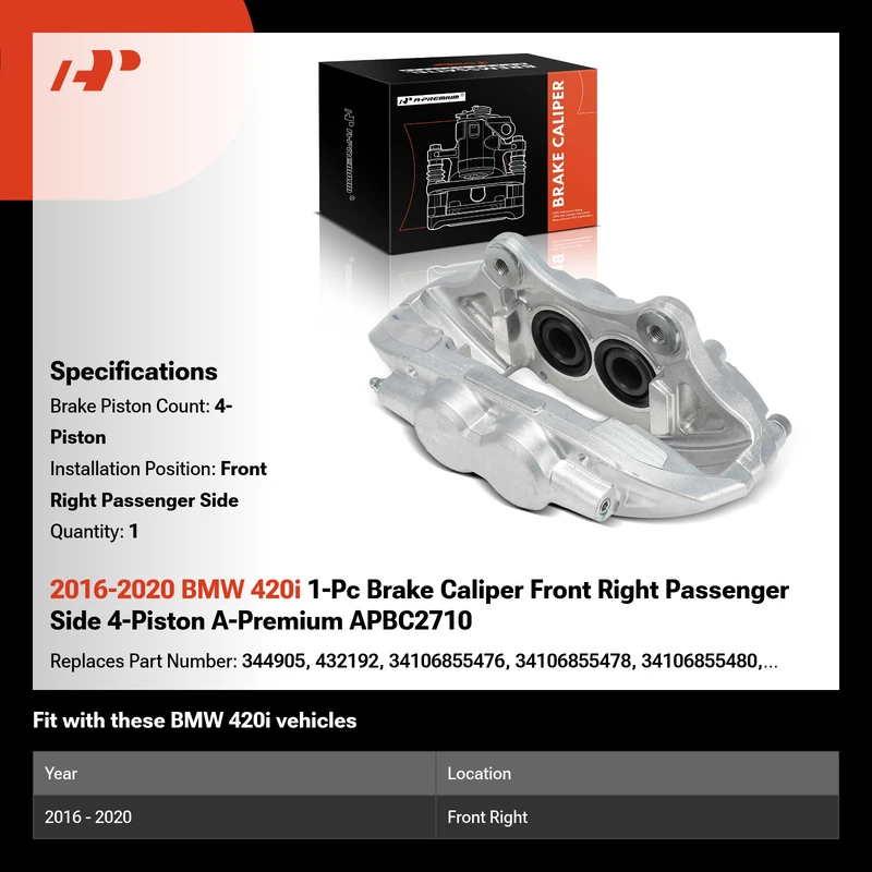 2016-2020 BMW 420i 1-Pc Brake Caliper Front Right Passenger Side 4-Piston A-Premium APBC2710