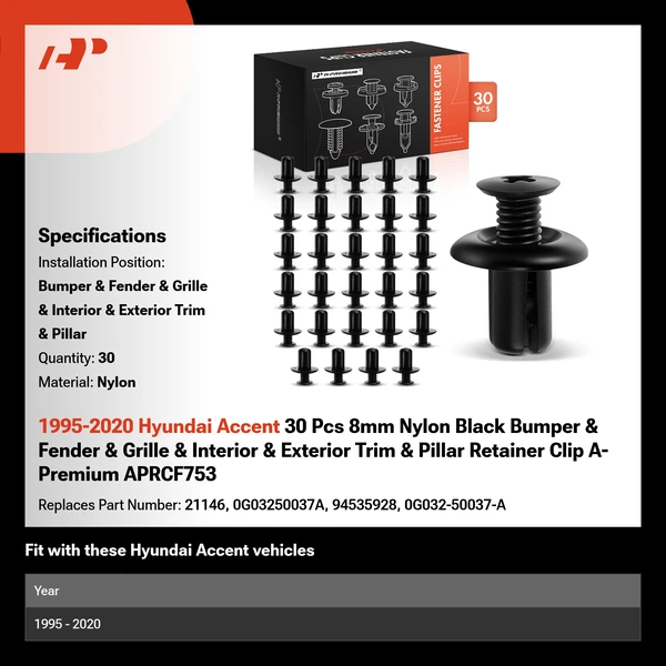 1995-2020 Hyundai Accent 30 Pcs 8mm Nylon Black Bumper & Fender & Grille & Interior & Exterior Trim & Pillar Retainer Clip A-Premium APRCF753